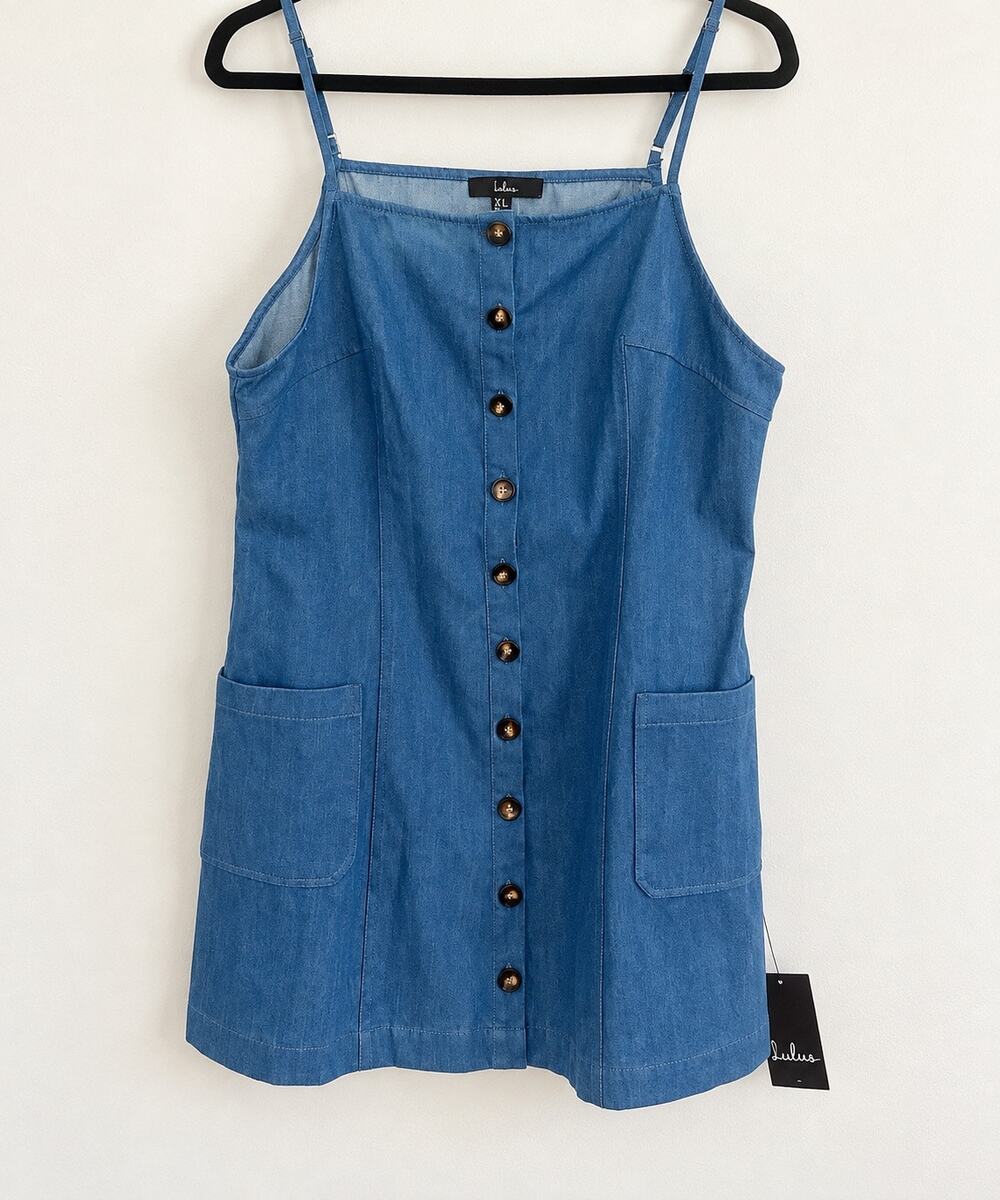 Lulus Womens XL NWT Blue Denim Button Front Mini Dress Adjustable Straps Pockets